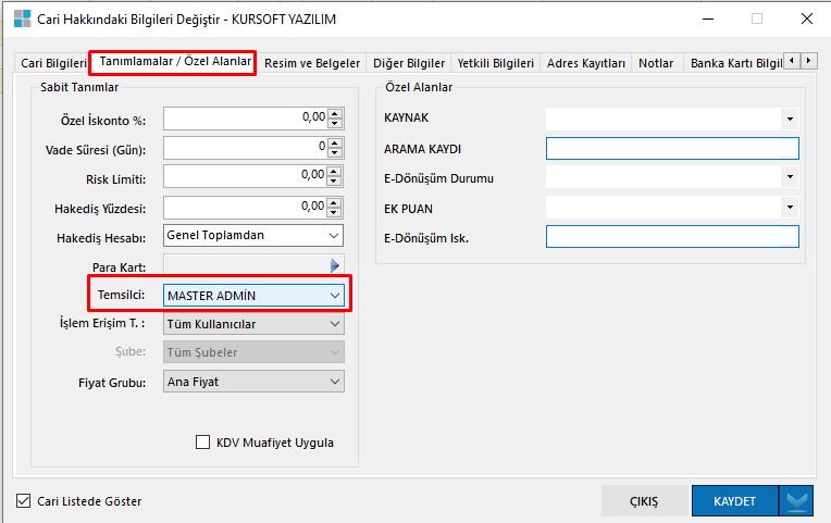 Fatura Raporlarında "Müşteri Temsilcisi Olarak Süz" Özelliği - Kursoft Yazılım